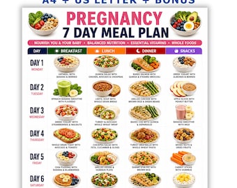 May include: A digital pregnancy 7-day meal plan chart featuring a grid layout with daily breakfast, lunch, dinner, and snack suggestions. The document includes text labels for each day of the week and various food illustrations, including bowls of oatmeal, salads, grilled proteins, and smoothies.