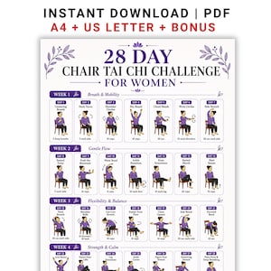 28 Day Chair Tai Chi Challenge for Women Printable, 4 Week Seated Exercise Program, Balance Flexibility Mobility Workout PDF