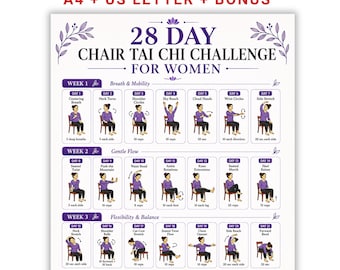 Reto de Tai Chi en silla de 28 días para mujeres (imprimible), programa de ejercicios sentados de 4 semanas, entrenamiento de equilibrio, flexibilidad y movilidad (PDF).