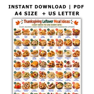 Puede incluir: Una tabla digital imprimible titulada Thanksgiving Leftover Meal Ideas que presenta 56 imágenes numeradas de alimentos con etiquetas de texto. El documento incluye el texto Instant Download, PDF, A4 Size y US Letter en la parte superior, mostrando varios platos de pavo.