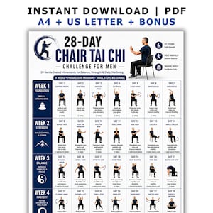 Puede incluir: Un gráfico de desafío de Tai Chi en silla de 28 días que presenta una cuadrícula de 28 ilustraciones de ejercicios diarios sentados. El documento incluye encabezados de texto, objetivos semanales e instrucciones de movimiento para cada día.