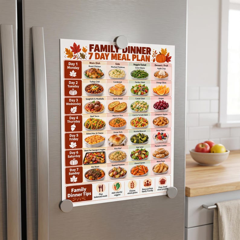 May include: A rectangular magnetic chart titled Family Dinner 7 Day Meal Plan with a fall theme featuring autumn leaves and a pumpkin. The grid displays seven days of the week with columns for main dishes, sides, veggies, and desserts with food photos.