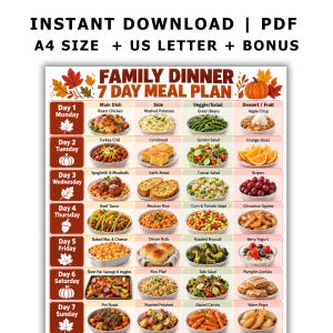 May include: A digital 7-day family dinner meal plan chart featuring a weekly schedule with columns for main dishes, sides, vegetables, and desserts. The layout includes autumn-themed icons like leaves, pumpkins, and acorns with text labels.
