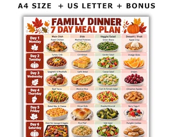 May include: A digital 7-day family dinner meal plan chart featuring a weekly schedule with columns for main dishes, sides, vegetables, and desserts. The layout includes autumn-themed icons like leaves, pumpkins, and acorns with text labels.