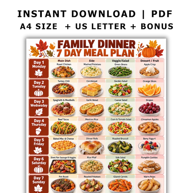 May include: A digital 7-day family dinner meal plan chart featuring a weekly schedule with columns for main dishes, sides, vegetables, and desserts. The layout includes autumn-themed icons like leaves, pumpkins, and acorns with text labels.