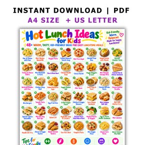 Op de afbeelding: Een digitale printbare kaart getiteld Hot Lunch Ideas for Kids met 48 genummerde voedingsmiddelen met tekstlabels. Het document bevat de tekst Instant Download, PDF, A4 Size en US Letter. Het toont diverse maaltijdopties zoals pasta, sandwiches en kommen.