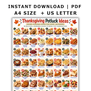 May include: A digital printable chart titled Thanksgiving Potluck Ideas featuring 56 numbered food images including deviled eggs, casseroles, pies, and cookies. The text includes Crowd-Pleasing Dishes For Every Gathering and 56 Delicious, Shareable Dishes To Bring This Thanksgiving.