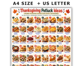 Puede incluir: Un cartel digital imprimible titulado Thanksgiving Potluck Ideas con 56 imágenes numeradas de platos como huevos rellenos, guisos, pasteles y galletas. El texto incluye Crowd-Pleasing Dishes For Every Gathering y 56 Delicious, Shareable Dishes To Bring This Thanksgiving.