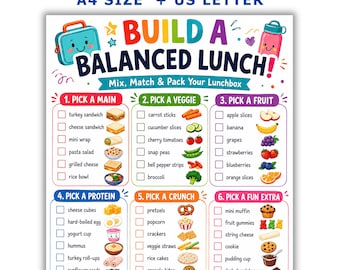 Puede incluir: Un cartel educativo colorido titulado BUILD A BALANCED LUNCH con seis secciones numeradas para categorías de alimentos como plato principal, verdura, fruta, proteína, crujientes y extras. Cada elemento tiene una casilla y una ilustración.