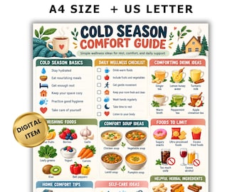 Puede incluir: Una guía digital Cold Season Comfort Guide con secciones de listas de bienestar, ideas de bebidas, alimentos nutritivos, recetas de sopas y consejos de autocuidado. El documento incluye texto, ilustraciones coloridas de comida y un sello digital dorado.