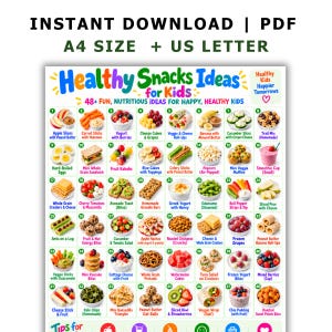 Puede incluir: Una tabla digital titulada Healthy Snacks Ideas for Kids que presenta 48 artículos de comida numerados con descripciones de texto. La cuadrícula colorida muestra varios bocadillos como rodajas de manzana, frutos secos y rollitos de verdura en blanco.