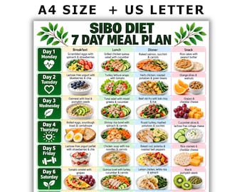 May include: A SIBO Diet 7 Day Meal Plan chart featuring a grid layout with daily meal suggestions from Monday to Sunday. Each row includes breakfast, lunch, dinner, and snack options with food illustrations, green icons, and text labels for each day.