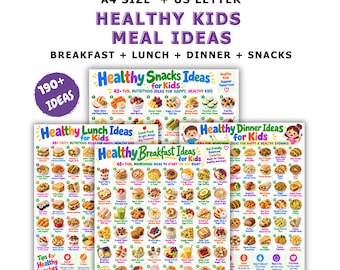 Puede incluir: Un documento PDF digital con ideas de comidas saludables para niños, incluyendo desayuno, almuerzo, cena y meriendas. Las páginas muestran más de 190 ilustraciones coloridas de alimentos con etiquetas de texto, en tamaños A4 y US Letter.