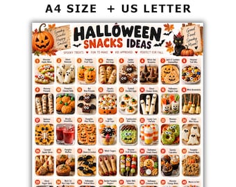 Puede incluir: Una guía digital imprimible titulada Halloween Snacks Ideas que presenta cuarenta imágenes numeradas de bocadillos temáticos como golosinas con forma de calabaza, fantasmas y galletas de araña. El documento incluye encabezados de texto y está en formato A4.