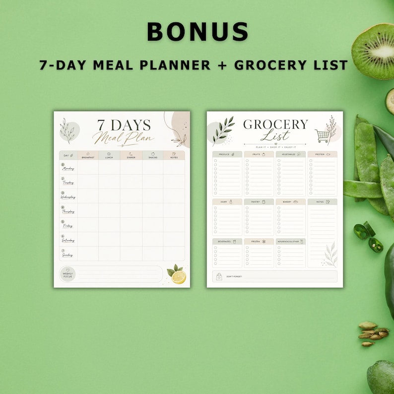 May include: A 7-day meal planner and grocery list template set. The meal planner features a grid for days of the week, breakfast, lunch, dinner, snacks, and notes. The grocery list includes categorized sections for produce, fruits, vegetables, and protein.