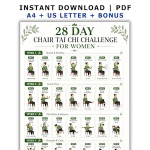 Puede incluir: Un gráfico de desafío de Tai Chi en silla de 28 días con texto verde e ilustraciones de una persona realizando varios ejercicios sentada. El documento incluye cuatro secciones semanales tituladas Breath and Mobility, Gentle Flow, Flexibility and Balance y Strength and Calm, con instrucciones de movimiento diarias.
