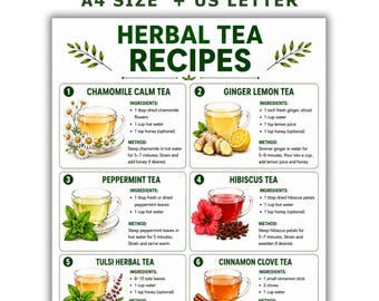 Puede incluir: Una tabla digital de recetas de infusiones con ocho secciones numeradas que incluyen ilustraciones de tazas de té, ingredientes e instrucciones de preparación. El documento contiene texto para té de manzanilla, jengibre, menta, hibisco, tulsi y canela.