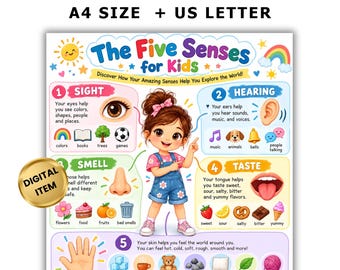 Puede incluir: Un póster educativo titulado The Five Senses for Kids con una ilustración central de un niño. El gráfico muestra cinco secciones para vista, oído, olfato, gusto y tacto con iconos coloridos y texto. Incluye texto: INSTANT DOWNLOAD | PDF A4 SIZE + US LETTER.