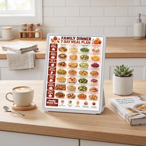 May include: A white framed sign displaying a Family Dinner 7 Day Meal Plan with a grid of food images for each day of the week, autumn-themed leaf and pumpkin icons, and a section at the bottom titled Family Dinner Tips with five icons.