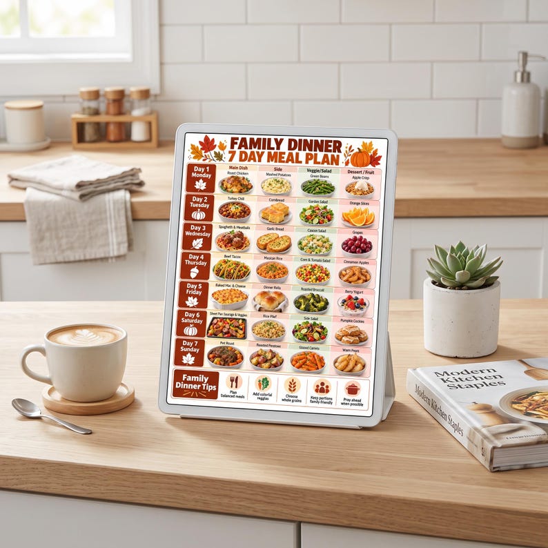 May include: A white framed sign displaying a Family Dinner 7 Day Meal Plan with a grid of food images for each day of the week, autumn-themed leaf and pumpkin icons, and a section at the bottom titled Family Dinner Tips with five icons.