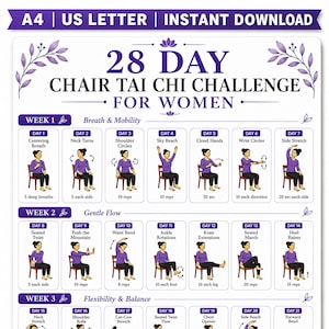 28 Day Chair Tai Chi Challenge for Women Printable, 4 Week Seated Exercise Program, Balance Flexibility Mobility Workout PDF