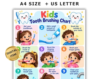 Puede incluir: Una tabla digital de cepillado de dientes para niños en formato PDF con nueve pasos numerados que ilustran la higiene dental. La tabla muestra niños ilustrados cepillándose los dientes con instrucciones de texto en inglés.