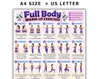 Könnte beinhalten: Ein digitales Übungsplakat mit dem Titel Full Body Warm-Up Exercises, das zwanzig nummerierte Illustrationen einer Person in violetter Sportkleidung bei verschiedenen Bewegungen zeigt, inklusive Textanleitungen und Trainingsvorteilen.