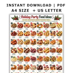 May include: A digital printable chart titled Holiday Party Food Ideas featuring 56 numbered images of various appetizers, main dishes, and desserts. The document includes text labels for each food item and is available in A4 and US Letter sizes.