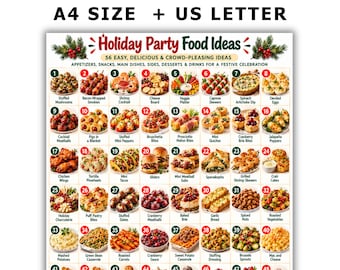Puede incluir: Un cartel digital imprimible titulado Holiday Party Food Ideas que presenta 56 imágenes numeradas de diversos aperitivos, platos principales y postres. El documento incluye etiquetas de texto para cada alimento y está disponible en tamaños A4 y US Letter.