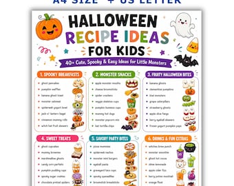 Puede incluir: Un documento digital imprimible titulado Halloween Recipe Ideas for Kids, que presenta seis listas categorizadas de ideas de recetas con ilustraciones coloridas de fantasmas, calabazas y murciélagos, incluyendo secciones para comidas y aperitivos.