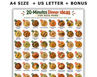 Puede incluir: Una tabla de planificación de comidas titulada 20-Minutes Dinner Ideas for Busy Moms, que presenta 56 imágenes circulares numeradas de platos con sus nombres. El documento indica que es una descarga instantánea en tamaños A4 y US Letter.