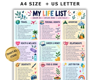 Puede incluir: Una plantilla digital de lista de vida con nueve secciones coloridas que incluyen viajes, crecimiento personal, aventura, salud, carrera, relaciones, creatividad, comida y diversión, con iconos y textos para establecer metas.
