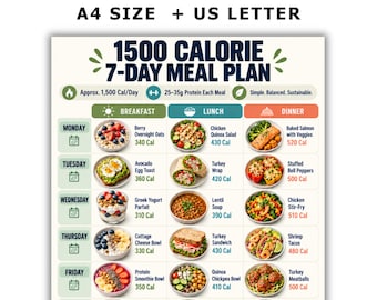 Könnte beinhalten: Ein 1500-Kalorien-7-Tage-Ernährungsplan-Diagramm mit einem Rasterlayout und täglichen Einträgen von Montag bis Samstag. Jede Zeile zeigt Frühstücks-, Mittags- und Abendessenoptionen mit Bildern, Namen der Gerichte und Kalorienangaben für jedes Gericht.