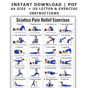 Könnte beinhalten: Eine digitale Übersicht mit dem Titel Sciatica Pain Relief Exercises, die vierundzwanzig nummerierte Illustrationen einer Person in blauer Sportkleidung bei verschiedenen Dehnübungen und Bewegungen sowie Textanleitungen auf weißem Grund zeigt.