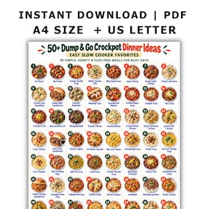 May include: A digital PDF document titled 50+ Dump & Go Crockpot Dinner Ideas, featuring 56 numbered meal entries with small circular food photographs and text labels for recipes like Pot Roast, Beef Stew, and Chicken Tortilla Soup on a white background.