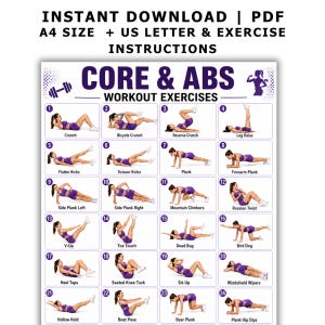 May include: A digital workout chart titled CORE & ABS WORKOUT EXERCISES featuring twenty-four numbered illustrations of a person in purple athletic wear performing various exercises, including crunches, planks, and leg raises, on a white background.