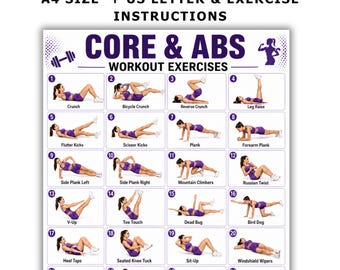 Puede incluir: Una tabla de ejercicios titulada CORE & ABS WORKOUT EXERCISES que muestra veinticuatro ilustraciones numeradas de una persona con ropa deportiva morada realizando diversos movimientos, como abdominales y planchas, sobre un fondo blanco.