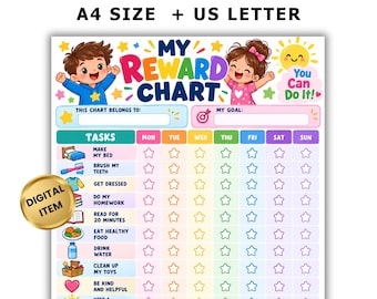 Puede incluir: Una tabla de recompensas imprimible titulada MY REWARD CHART con ilustraciones de dos niños, un sol e iconos de tareas. Incluye secciones para tareas, días de la semana, casillas de estrellas y un área de recompensas. Texto: INSTANT DOWNLOAD PDF A4 SIZE + US LETTER.