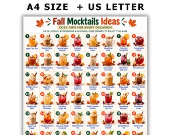 Puede incluir: Una impresión digital titulada Fall Mocktails Ideas que presenta 56 ilustraciones numeradas de diversas bebidas con temática otoñal en vasos, con etiquetas de texto para cada bebida, incluyendo Apple Cider Fizz, Pumpkin Spice Latte y otras más.