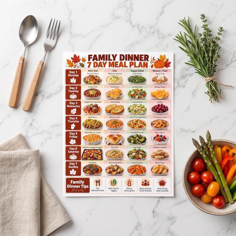 May include: A printed 7-day family dinner meal plan chart featuring a grid of daily food items, autumn leaf illustrations, and a pumpkin graphic. The document includes columns for main dishes, sides, and veggies, plus a section for family dinner tips.