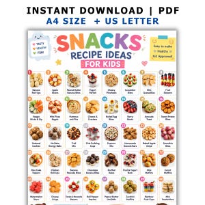 Puede incluir: Un cartel digital imprimible titulado Snacks Recipe Ideas For Kids que presenta cuarenta cuadrados numerados, cada uno con una fotografía de un alimento diferente con su nombre, disponible en tamaño A4 y formato carta de EE. UU.