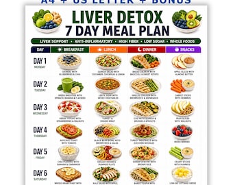 May include: A digital 7-day liver detox meal plan chart featuring a grid layout with daily breakfast, lunch, dinner, and snack suggestions. The document includes text headers, food illustrations, and nutritional categories like high fiber and low sugar.