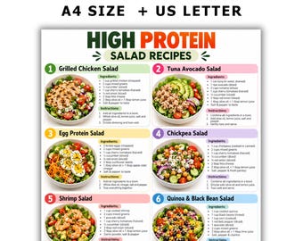 Könnte beinhalten: Ein digitales Dokument mit dem Titel High Protein Salad Recipes, das acht nummerierte Abschnitte mit Salatbildern sowie Zutatenlisten und Anleitungen enthält. Der Text umfasst Instant Download, PDF, A4 Size und US Letter.