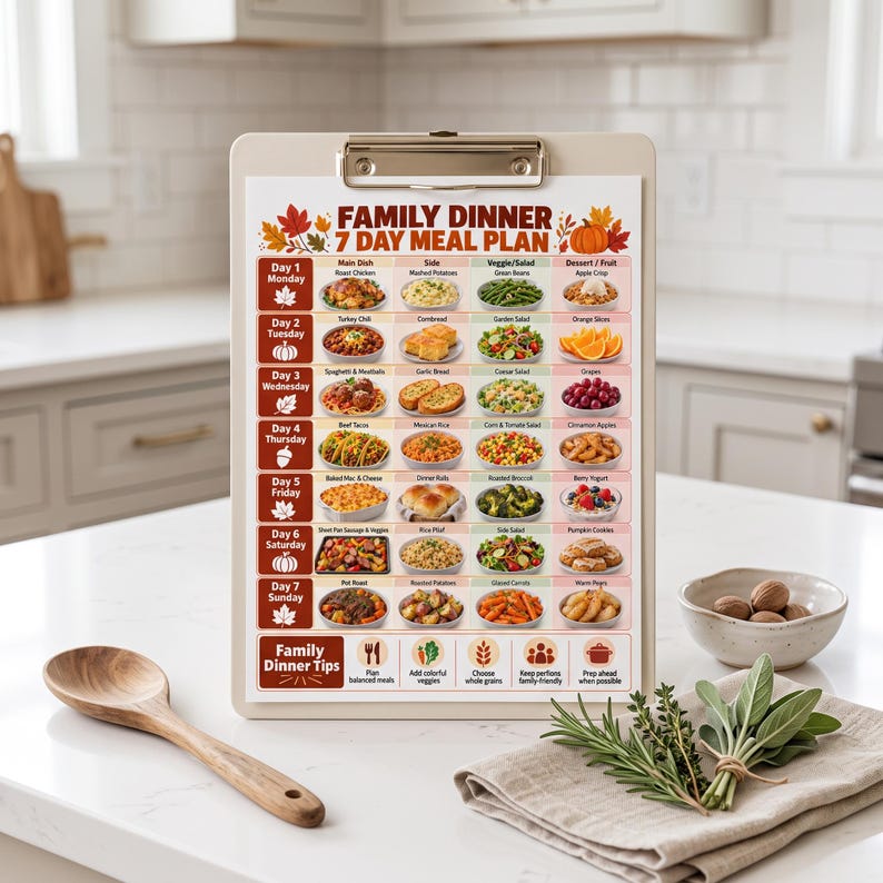 May include: A clipboard holding a printed 7-day family dinner meal plan with a fall-themed design. The chart features a grid layout with daily food images, text labels for each meal, and a section at the bottom titled Family Dinner Tips with icons.