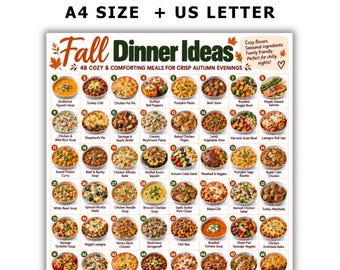 Puede incluir: Un documento PDF digital titulado Fall Dinner Ideas que presenta 48 imágenes numeradas de varias comidas. El texto incluye 48 COZY & COMFORTING MEALS FOR CRISP AUTUMN EVENINGS y enumera platos específicos como Butternut Squash Soup y Turkey Chili.