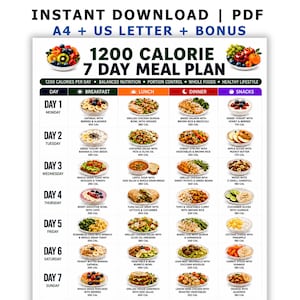 May include: A 1200 Calorie 7 Day Meal Plan chart in PDF format. The document features a grid layout with columns for breakfast, lunch, dinner, and snacks for each day of the week. Each entry includes a food image, a title, and calorie count.