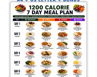 May include: A 1200 Calorie 7 Day Meal Plan chart in PDF format. The document features a grid layout with columns for breakfast, lunch, dinner, and snacks for each day of the week. Each entry includes a food image, a title, and calorie count.