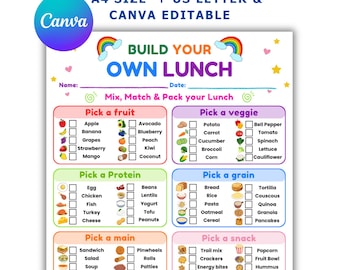 Puede incluir: Una hoja de planificación de almuerzos imprimible titulada Build Your Own Lunch con secciones coloridas para frutas, verduras, proteínas, granos, platos principales y bocadillos. El documento incluye casillas de verificación, arcoíris y espacio para nombre y fecha.