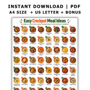 May include: A digital meal planning chart titled Easy Crockpot Meal Ideas with 56 numbered circular images of various dishes. The text reads Instant Download | PDF A4 Size + US Letter + Bonus and 56 Simple & Delicious Slow Cooker Meals.