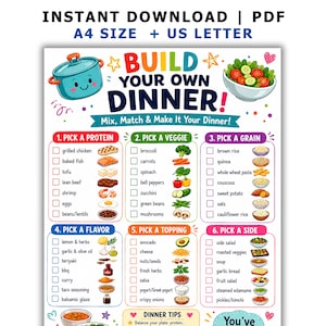 May include: A digital meal planning chart titled BUILD YOUR OWN DINNER with six numbered sections for selecting proteins, veggies, grains, flavors, toppings, and sides. The colorful graphic includes illustrations of food items and checkboxes.